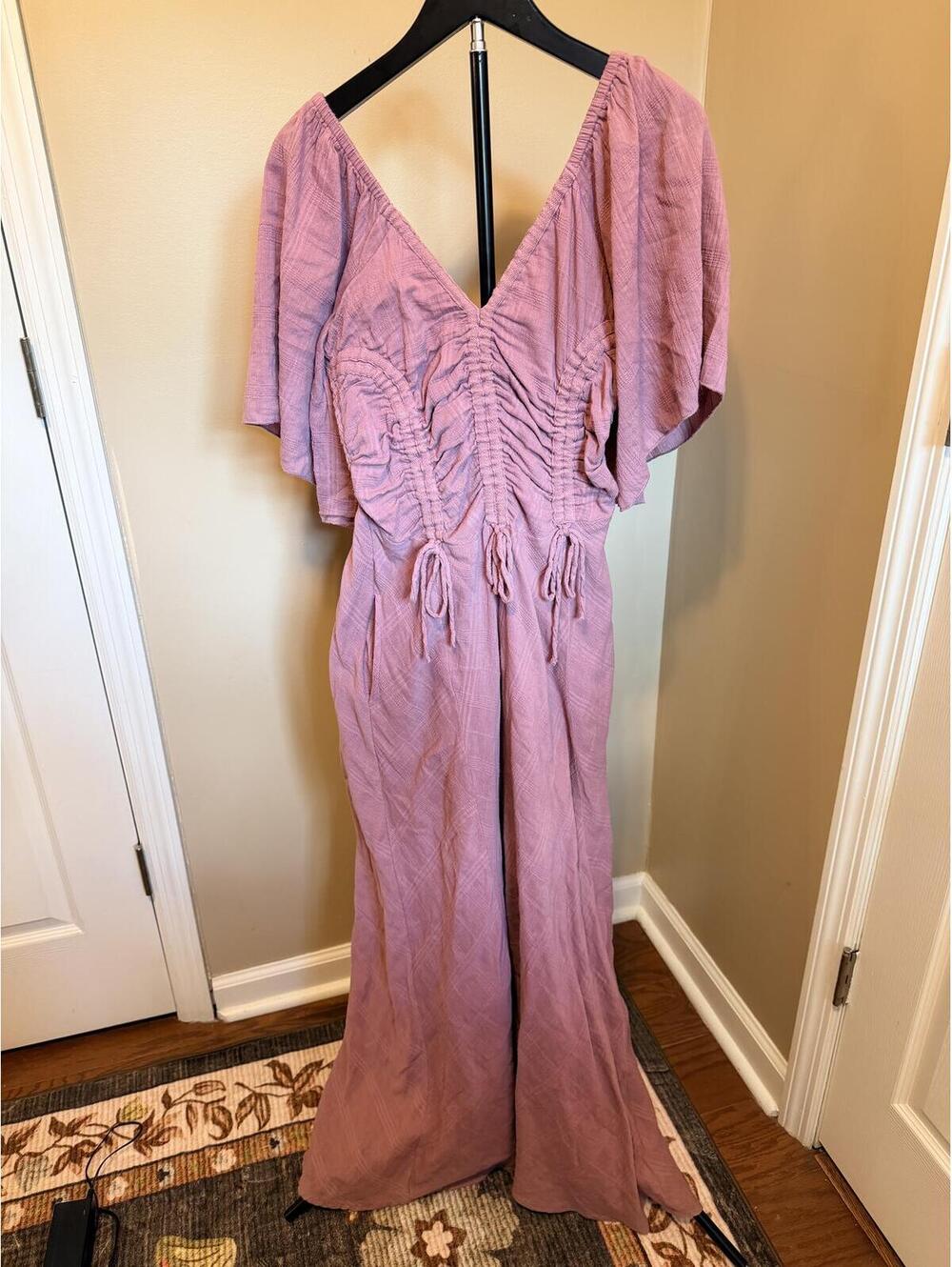 Free People Mauve Gauze Maxi Dress XS Boho Ruched Flutter Sleeve Cottagecore - Picture 2 of 7